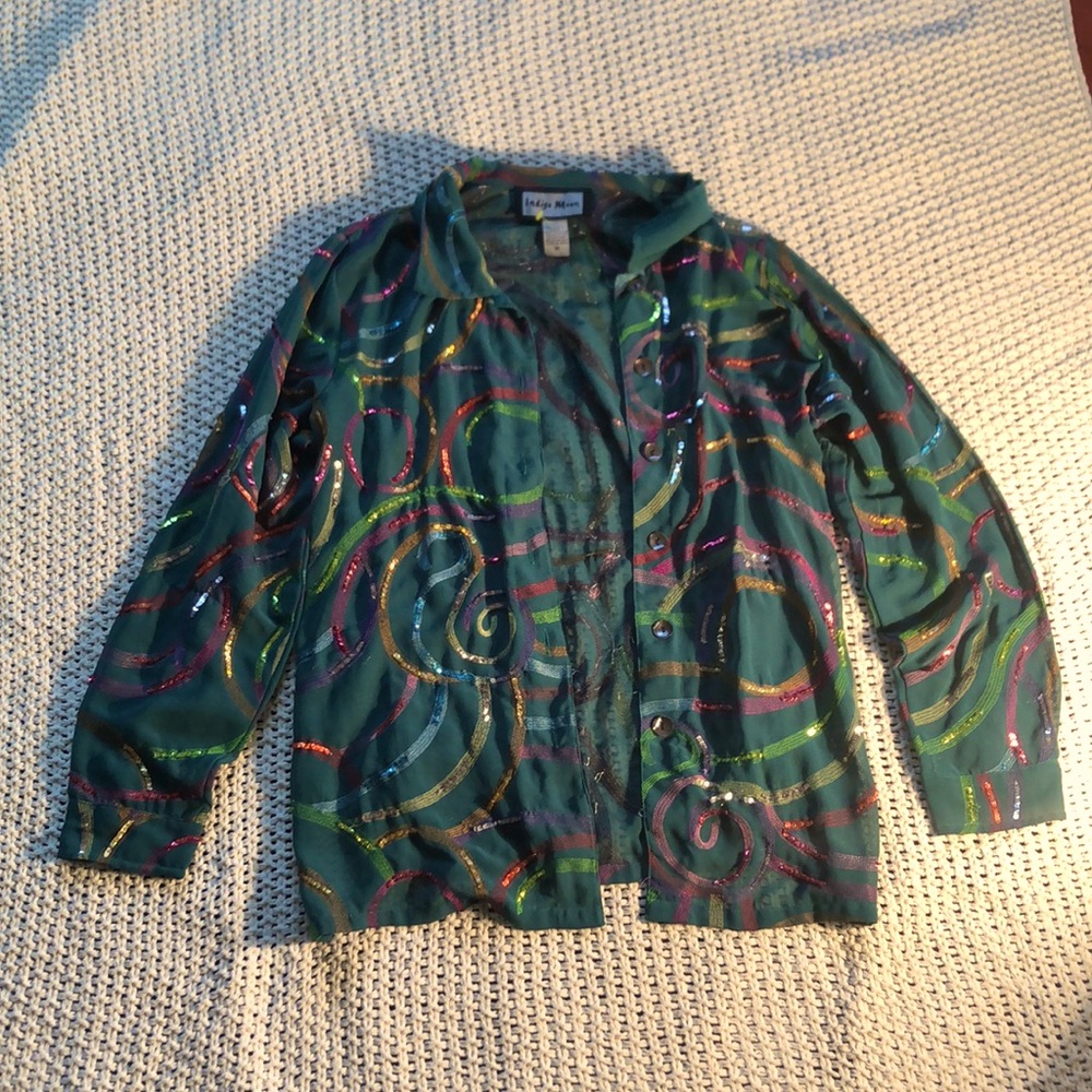 Indigo Moon|Green button up with sewn pattern